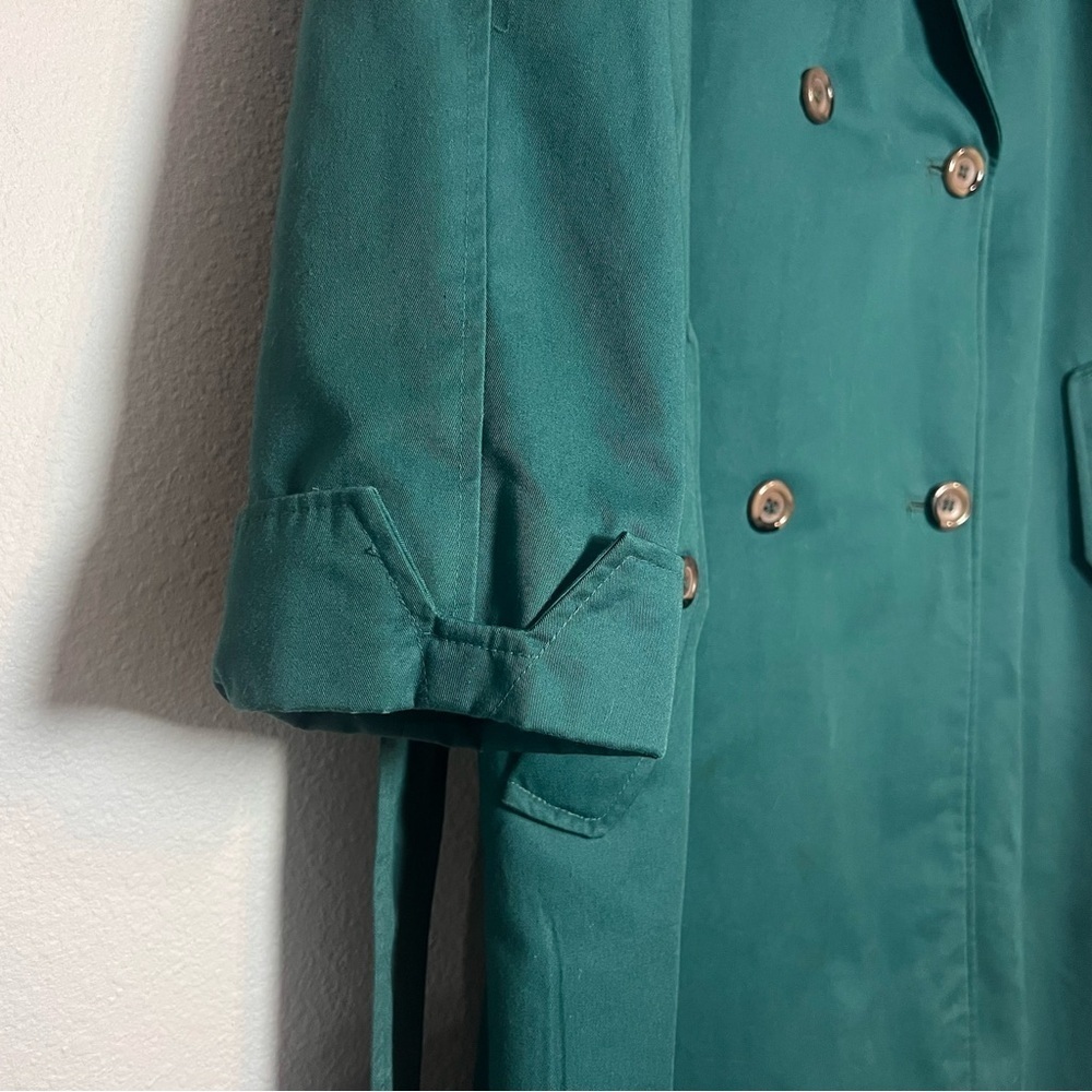 Vintage Double Breasted Trench Coat Womens Teal Green Size 12 Lined Long Belted - Picture 11 of 15